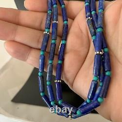 Stunning! Navajo Lapis 3S Sterling Silver Turquoise Bead Necklace 24 1147