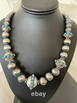 Stunning Turquoise Native Navajo Pearls Grad Sterling Silver Bead Necklace 1228