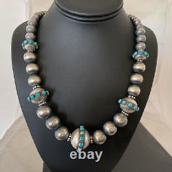 Stunning Turquoise Native Navajo Pearls Grad Sterling Silver Bead Necklace 1228