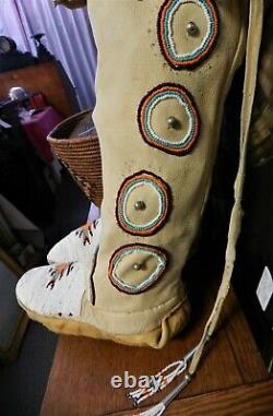 Tall Vintage Native American Beaded Soft Doe Skin Moccasins