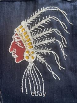 True Vintage 70's Native American Beaded Chief Denim Jacket Sz 40 Fits Medium