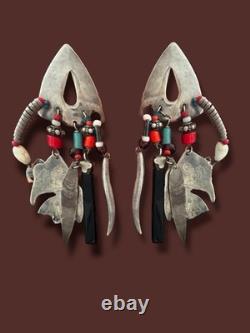 Unique Tabra Sterling Silver Native American Beaded Dangle Earrings