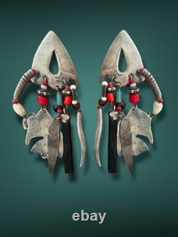 Unique Tabra Sterling Silver Native American Beaded Dangle Earrings