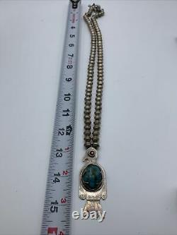 VINTAGE 1960s NAVAJO THUNDERBIRD INLAID TURQUOISE SILVER BEADED NECKLACE