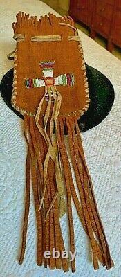 VINTAGE NATIVE AMERICAN BROWN BEADED MEDICINE POUCH WithFRINGE