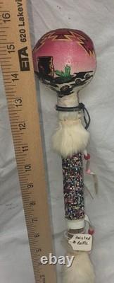 VINTAGE NATIVE AMERICAN GOURD RATTLE CEREMONY PAINTED Beaded Rare