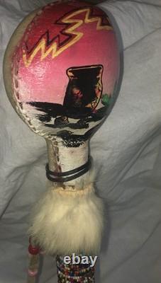 VINTAGE NATIVE AMERICAN GOURD RATTLE CEREMONY PAINTED Beaded Rare