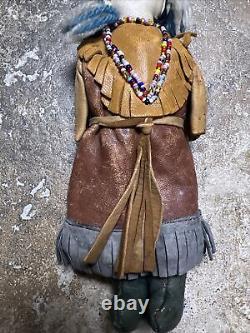VINTAGE Native American Beaded Indian Doll Chippewa Leather 7 Handmade Tribal