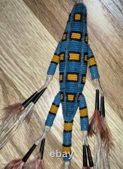 VTG 7 Native American Plains Beaded Lizard Fetish with Cones & Feathers Hangable
