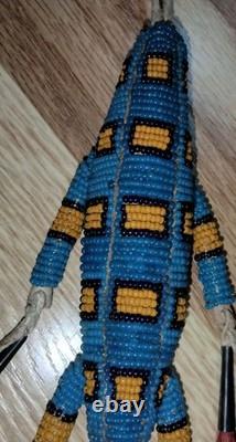 VTG 7 Native American Plains Beaded Lizard Fetish with Cones & Feathers Hangable