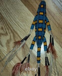 VTG 7 Native American Plains Beaded Lizard Fetish with Cones & Feathers Hangable
