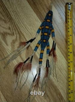 VTG 7 Native American Plains Beaded Lizard Fetish with Cones & Feathers Hangable