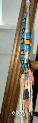 VTG 7 Native American Plains Beaded Lizard Fetish with Cones & Feathers Hangable