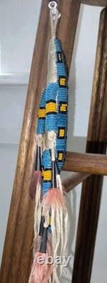 VTG 7 Native American Plains Beaded Lizard Fetish with Cones & Feathers Hangable