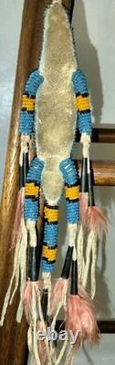 VTG 7 Native American Plains Beaded Lizard Fetish with Cones & Feathers Hangable