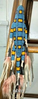 VTG 7 Native American Plains Beaded Lizard Fetish with Cones & Feathers Hangable