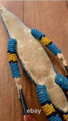 VTG 7 Native American Plains Beaded Lizard Fetish with Cones & Feathers Hangable