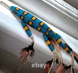 VTG 7 Native American Plains Beaded Lizard Fetish with Cones & Feathers Hangable