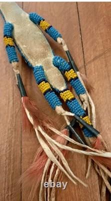 VTG 7 Native American Plains Beaded Lizard Fetish with Cones & Feathers Hangable