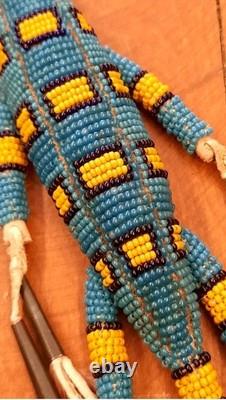 VTG 7 Native American Plains Beaded Lizard Fetish with Cones & Feathers Hangable