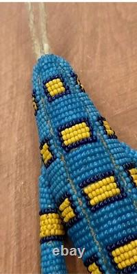 VTG 7 Native American Plains Beaded Lizard Fetish with Cones & Feathers Hangable