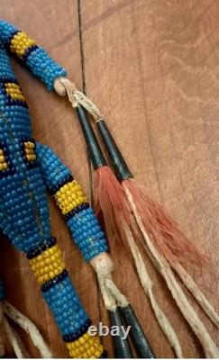 VTG 7 Native American Plains Beaded Lizard Fetish with Cones & Feathers Hangable