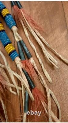 VTG 7 Native American Plains Beaded Lizard Fetish with Cones & Feathers Hangable