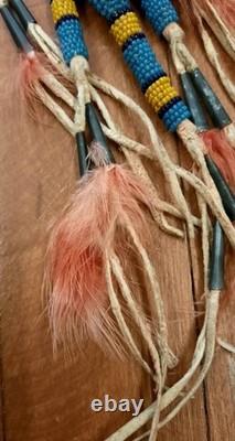 VTG 7 Native American Plains Beaded Lizard Fetish with Cones & Feathers Hangable