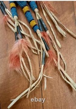 VTG 7 Native American Plains Beaded Lizard Fetish with Cones & Feathers Hangable