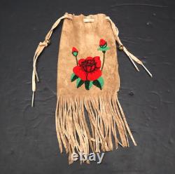 VTG APACHE BUCKSKIN LEATHER BEADED BAG/POUCH Native Art FLOWER Pictorial 11.5