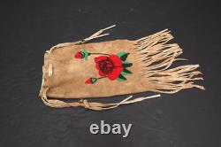 VTG APACHE BUCKSKIN LEATHER BEADED BAG/POUCH Native Art FLOWER Pictorial 11.5