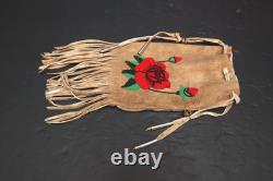 VTG APACHE BUCKSKIN LEATHER BEADED BAG/POUCH Native Art FLOWER Pictorial 11.5