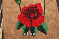 VTG APACHE BUCKSKIN LEATHER BEADED BAG/POUCH Native Art FLOWER Pictorial 11.5