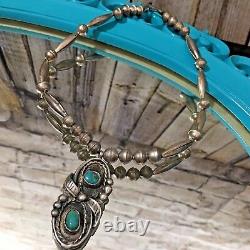 VTG Authentic Navajo Sterling Silver Bead Choker Necklace Turquoise Pendant