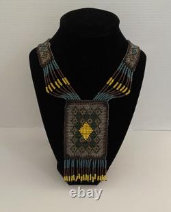 VTG Handmade Native American Beaded Pendant Tassel Necklace Yellow Brown Blue