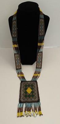 VTG Handmade Native American Beaded Pendant Tassel Necklace Yellow Brown Blue