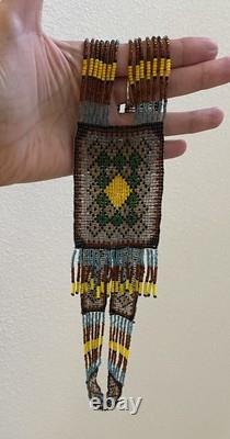 VTG Handmade Native American Beaded Pendant Tassel Necklace Yellow Brown Blue