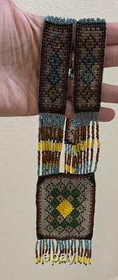 VTG Handmade Native American Beaded Pendant Tassel Necklace Yellow Brown Blue