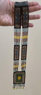 VTG Handmade Native American Beaded Pendant Tassel Necklace Yellow Brown Blue