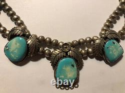 VTG NAVAJO (SIGNED) 925 BENCH BEAD NECKLACE TURQUOISE PENDANT 68g