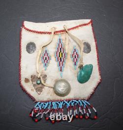 VTG Native American Bag Leather Handmade Beaded Copper Turquoise Silver