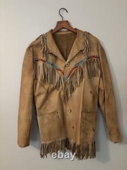 VTG Native American Buckskin Fringe Beaded Leather Jacket