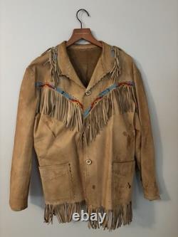 VTG Native American Buckskin Fringe Beaded Leather Jacket