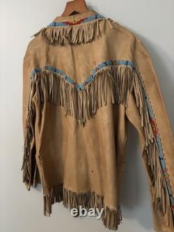 VTG Native American Buckskin Fringe Beaded Leather Jacket