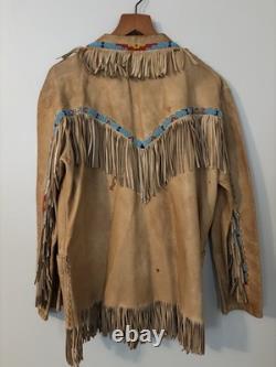VTG Native American Buckskin Fringe Beaded Leather Jacket
