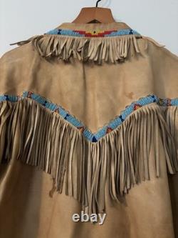 VTG Native American Buckskin Fringe Beaded Leather Jacket