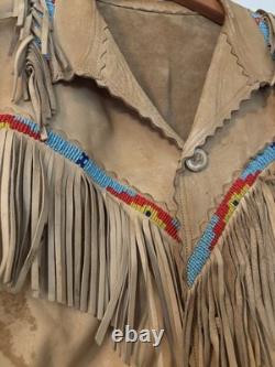 VTG Native American Buckskin Fringe Beaded Leather Jacket