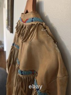 VTG Native American Buckskin Fringe Beaded Leather Jacket
