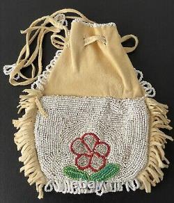 VTG Native American Indian Suede & Beaded (Both Sides) Seed Bead Pouch Floral