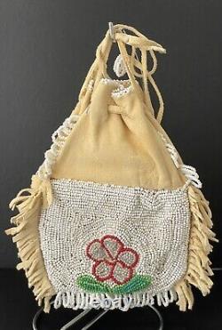 VTG Native American Indian Suede & Beaded (Both Sides) Seed Bead Pouch Floral